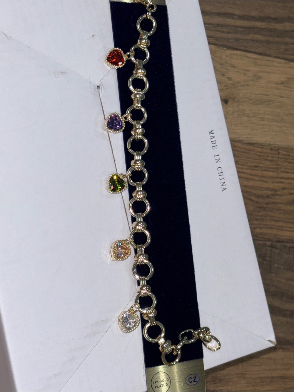 Gold-Tone Multi-Color Heart Charm Bracelet